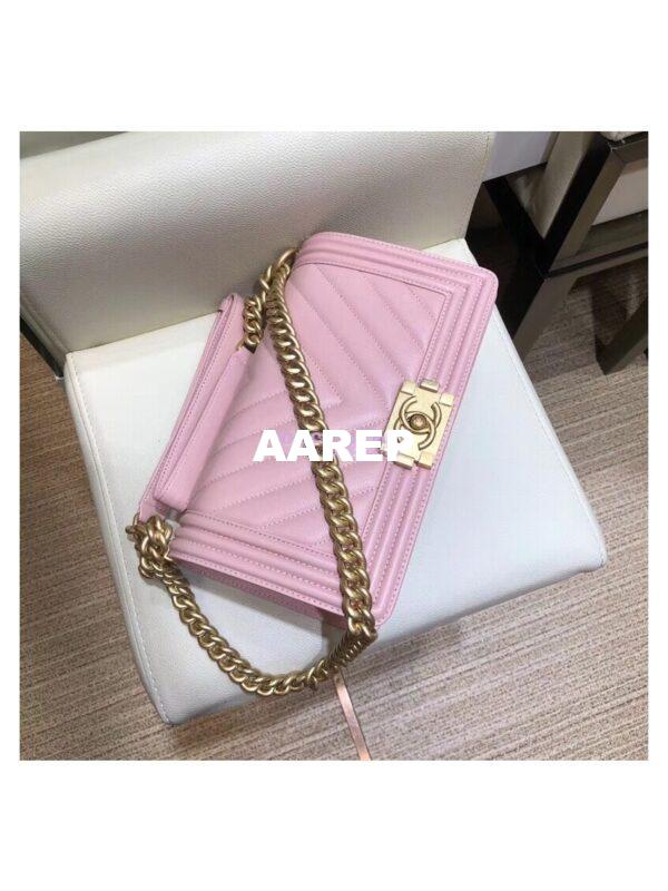 Replica Chanel Chevron Boy Flap Bag in Caviar Matte Gold Hardware Light Pink 7