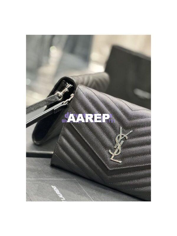Replica YSL Saint Laurent Monogram Clutch in Quilted Grain De Poudre Embossed Leather 617662 Black Silver Hardware 6
