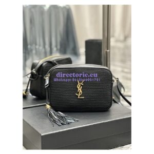 Replica YSL Saint Laurent Lou Camera Bag In Raffia And Smooth Leather 6125429 Black
