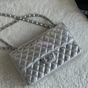 Replica Chanel CF Medium Classic Double Flap Bag Quilted Metallic Lambskin Silver