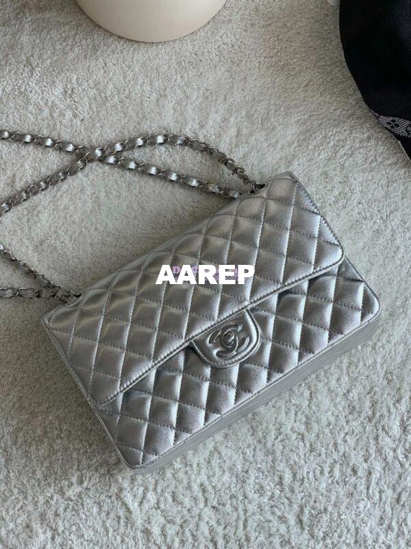 Replica Chanel CF Medium Classic Double Flap Bag Quilted Metallic Lambskin Silver 3