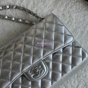 Replica Chanel CF Medium Classic Double Flap Bag Quilted Metallic Lambskin Silver 2