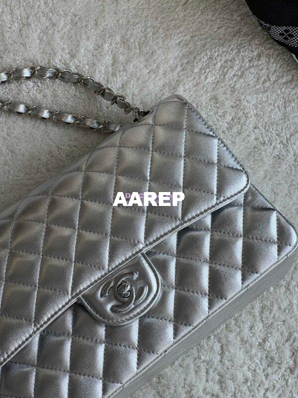 Replica Chanel CF Medium Classic Double Flap Bag Quilted Metallic Lambskin Silver 4