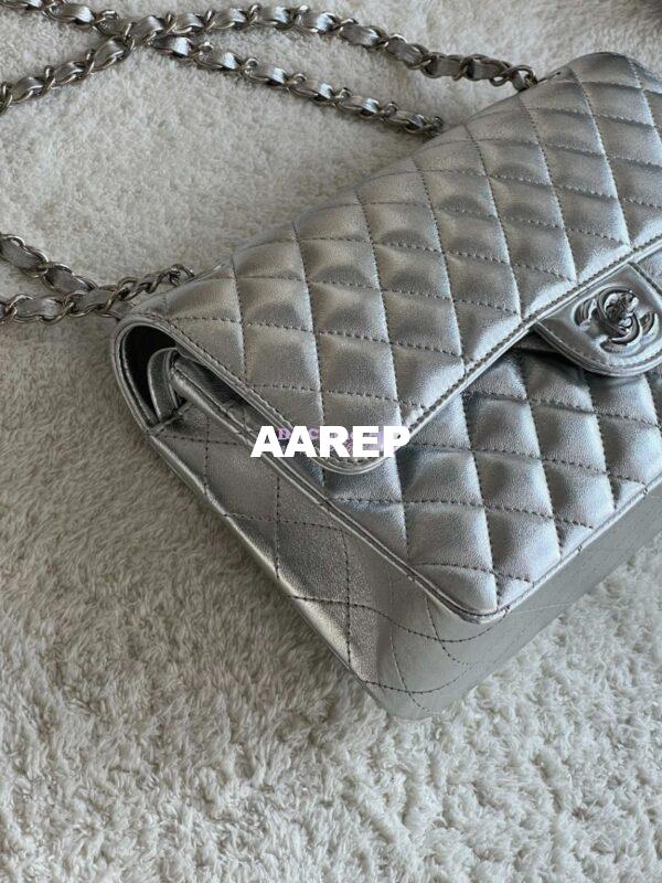 Replica Chanel CF Medium Classic Double Flap Bag Quilted Metallic Lambskin Silver 5