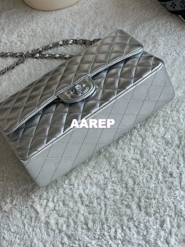 Replica Chanel CF Medium Classic Double Flap Bag Quilted Metallic Lambskin Silver 7