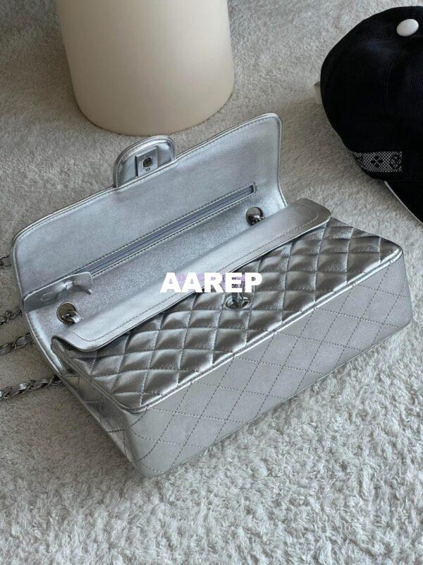 Replica Chanel CF Medium Classic Double Flap Bag Quilted Metallic Lambskin Silver 8
