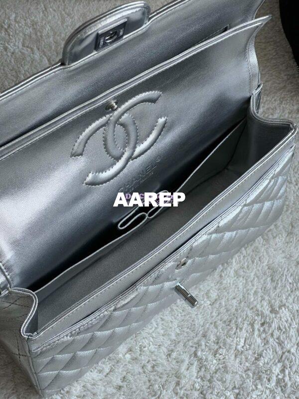 Replica Chanel CF Medium Classic Double Flap Bag Quilted Metallic Lambskin Silver 9