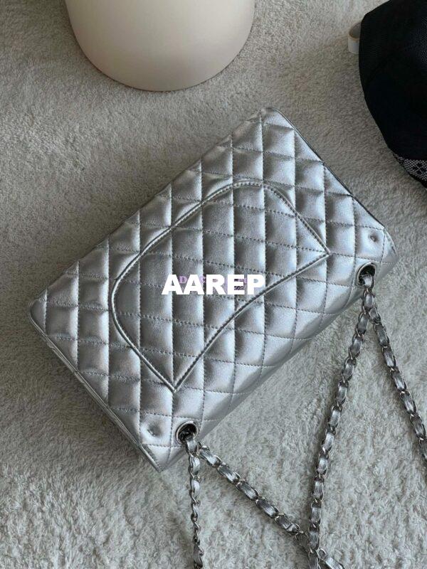 Replica Chanel CF Medium Classic Double Flap Bag Quilted Metallic Lambskin Silver 11