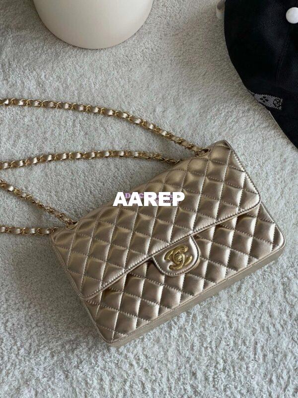 Replica Chanel CF Medium Classic Double Flap Bag Quilted Metallic Lambskin Gold