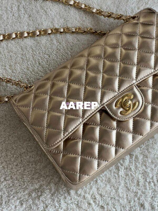 Replica Chanel CF Medium Classic Double Flap Bag Quilted Metallic Lambskin Gold 2