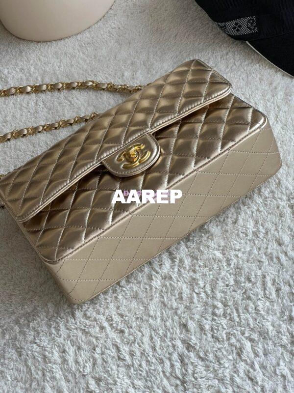 Replica Chanel CF Medium Classic Double Flap Bag Quilted Metallic Lambskin Gold 4