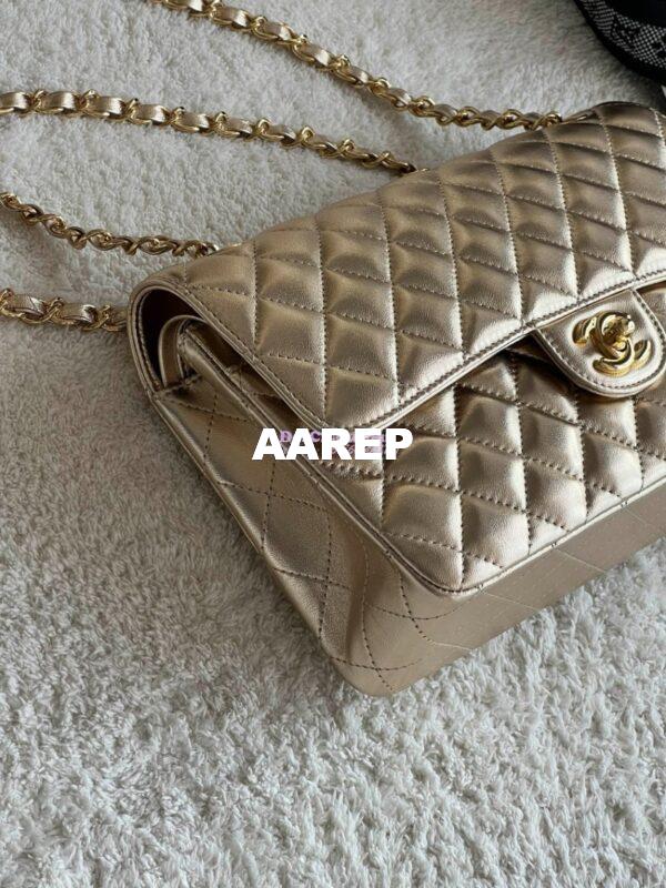 Replica Chanel CF Medium Classic Double Flap Bag Quilted Metallic Lambskin Gold 5