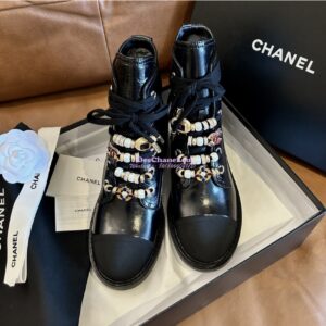 Replica Chanel 2024FW Combat Boots 50mm in Calfskin, Grosgrain, Imitation Pearls, Strass & Metal G45856