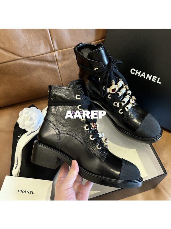 Replica Chanel 2024FW Combat Boots 50mm in Calfskin, Grosgrain, Imitation Pearls, Strass & Metal G45856 11