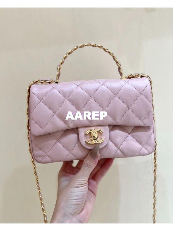Replica Chanel Shiny Lambskin Small Flap Bag with Top Handle AS4023 Pink 3