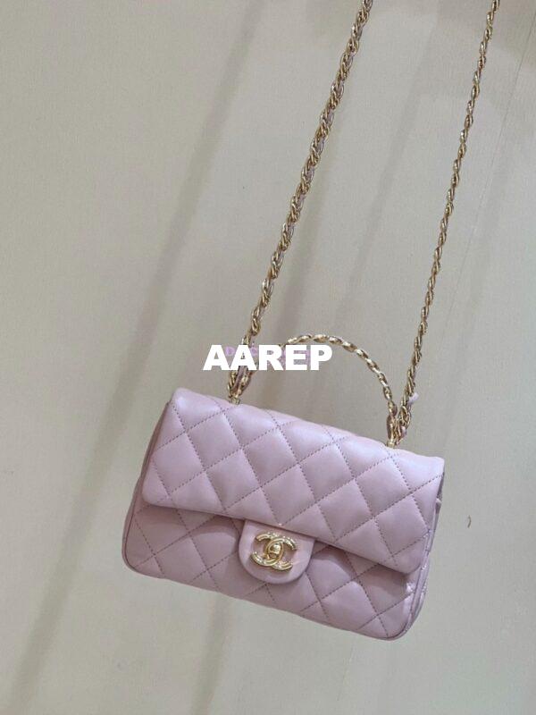 Replica Chanel Shiny Lambskin Small Flap Bag with Top Handle AS4023 Pink 4