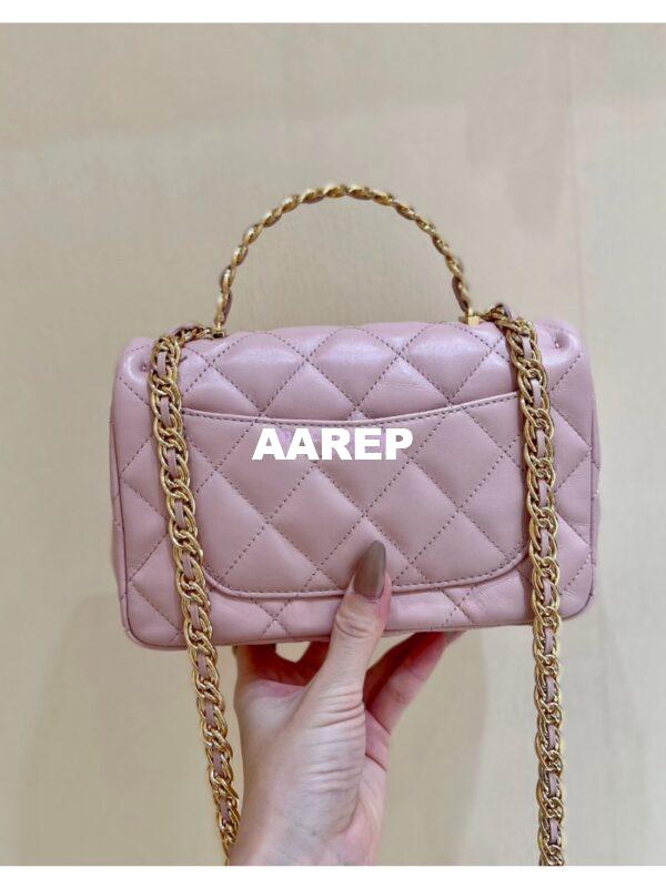 Replica Chanel Shiny Lambskin Small Flap Bag with Top Handle AS4023 Pink 17