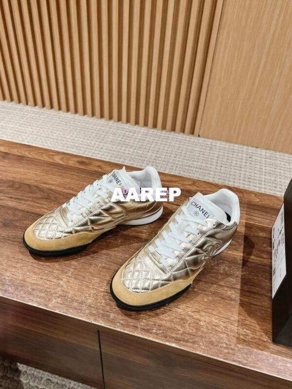 Replica Chanel SS25 Shiny Calfskin, Calfskin & Suede Calfskin Trainers G45839 Gold 4
