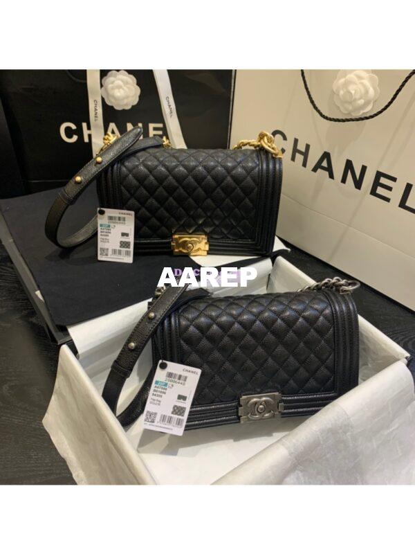 Replica Chanel Le boy Caviar Black in Matte Gold Hardware 12