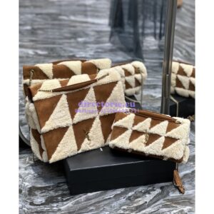 Replica YSL Saint Laurent Jamie Giant Chain Bag "Carré Rive Gauche" In Suede And Shearling Patchwork 712316 Natural Beige And Dark Cigar