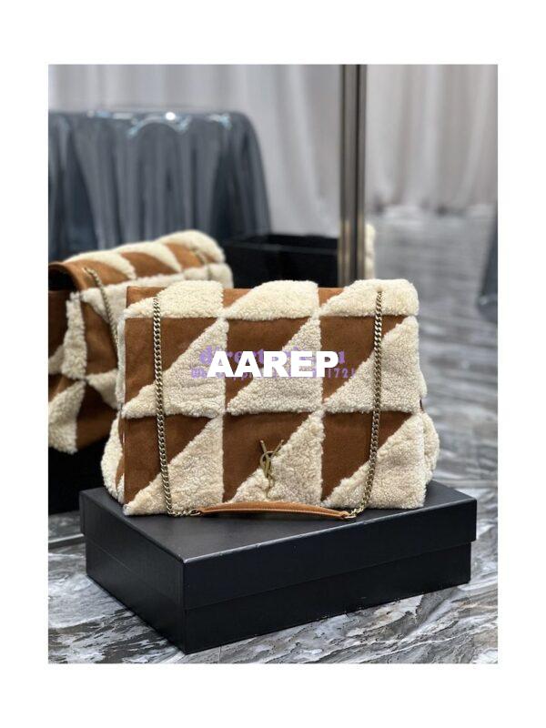 Replica YSL Saint Laurent Jamie Giant Chain Bag "Carré Rive Gauche" In Suede And Shearling Patchwork 712316 Natural Beige And Dark Cigar 4