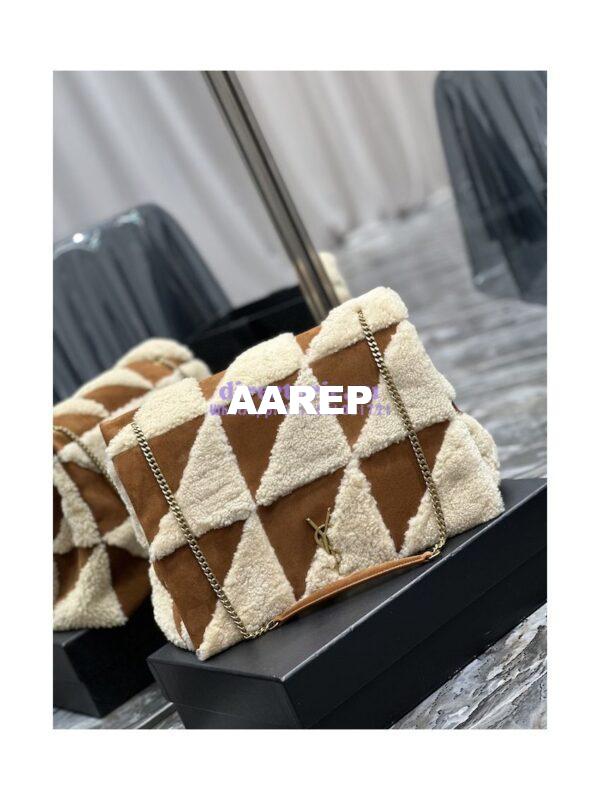 Replica YSL Saint Laurent Jamie Giant Chain Bag "Carré Rive Gauche" In Suede And Shearling Patchwork 712316 Natural Beige And Dark Cigar 6