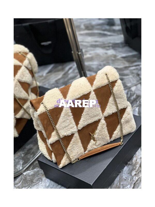Replica YSL Saint Laurent Jamie Giant Chain Bag "Carré Rive Gauche" In Suede And Shearling Patchwork 712316 Natural Beige And Dark Cigar 7
