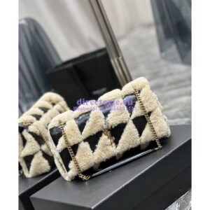 Replica YSL Saint Laurent Jamie Medium Chain Bag "Carré Rive Gauche" In Suede And Shearling Patchwork 515821 Natural Beige And Noir 2