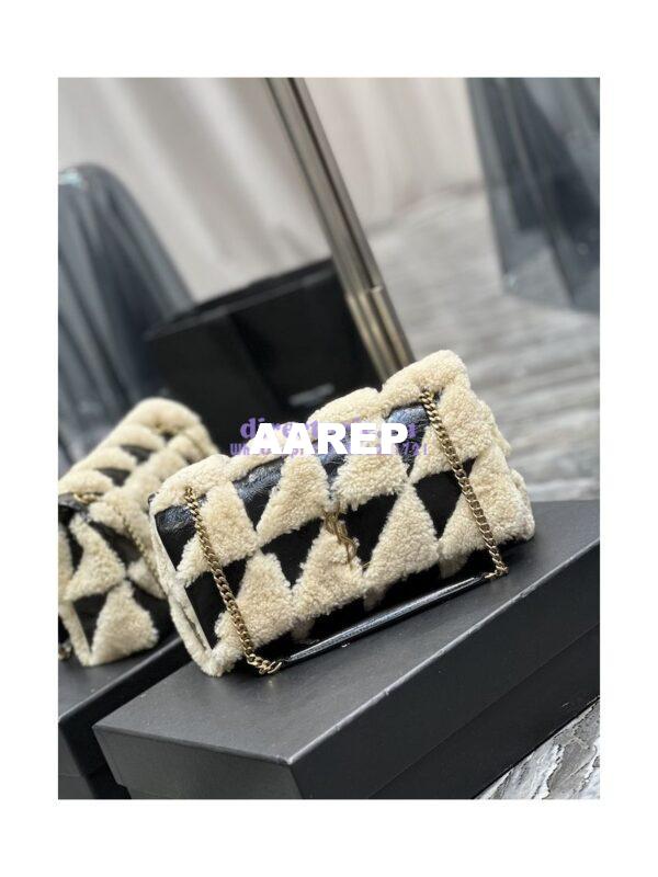 Replica YSL Saint Laurent Jamie Medium Chain Bag "Carré Rive Gauche" In Suede And Shearling Patchwork 515821 Natural Beige And Noir 4