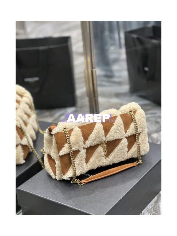 Replica YSL Saint Laurent Jamie Medium Chain Bag "Carré Rive Gauche" In Suede And Shearling Patchwork 515821 Natural Beige And Dark Cigar 4