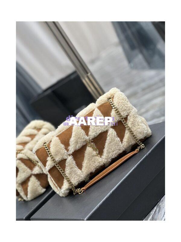 Replica YSL Saint Laurent Jamie Medium Chain Bag "Carré Rive Gauche" In Suede And Shearling Patchwork 515821 Natural Beige And Dark Cigar 5