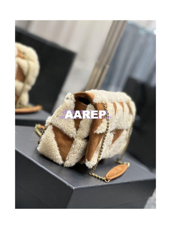 Replica YSL Saint Laurent Jamie Medium Chain Bag "Carré Rive Gauche" In Suede And Shearling Patchwork 515821 Natural Beige And Dark Cigar 6