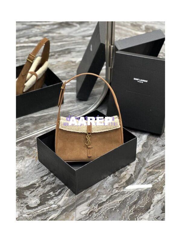 Replica YSL  Saint Laurent Le 5 À 7 Hobo Bag In Suede And Shearling Dark Cigar And Natural Beige 657228 3
