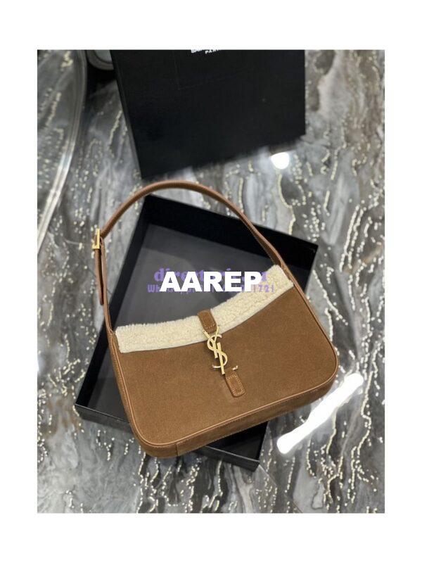 Replica YSL  Saint Laurent Le 5 À 7 Hobo Bag In Suede And Shearling Dark Cigar And Natural Beige 657228 4