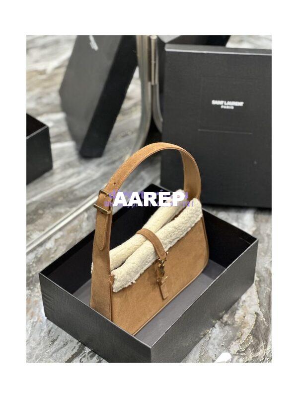 Replica YSL  Saint Laurent Le 5 À 7 Hobo Bag In Suede And Shearling Dark Cigar And Natural Beige 657228 8