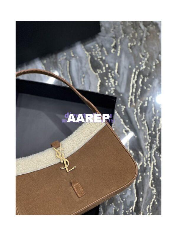 Replica YSL  Saint Laurent Le 5 À 7 Hobo Bag In Suede And Shearling Dark Cigar And Natural Beige 657228 10