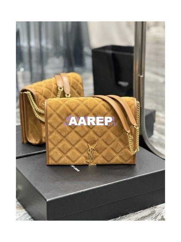 Replica YSL Saint Laurent Becky Mini Chain Bag In Carré-Quilted Suede 6292461 Caramel 3
