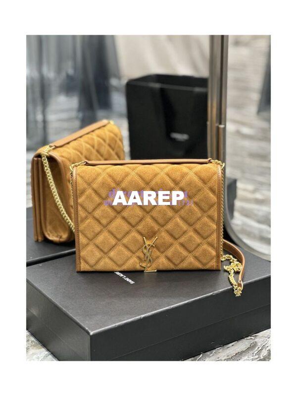 Replica YSL Saint Laurent Becky Mini Chain Bag In Carré-Quilted Suede 6292461 Caramel 4