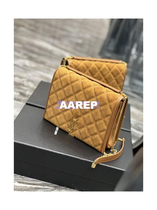 Replica YSL Saint Laurent Becky Mini Chain Bag In Carré-Quilted Suede 6292461 Caramel 5