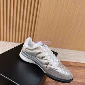 Replica Chanel SS25 Shiny Calfskin, Calfskin & Suede Calfskin Trainers G45839 Silver