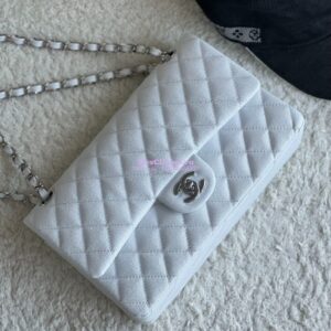 Replica Chanel CF 1112 Classic Flap Bag Qulited Grainy Caviar with Silver Hardware in White