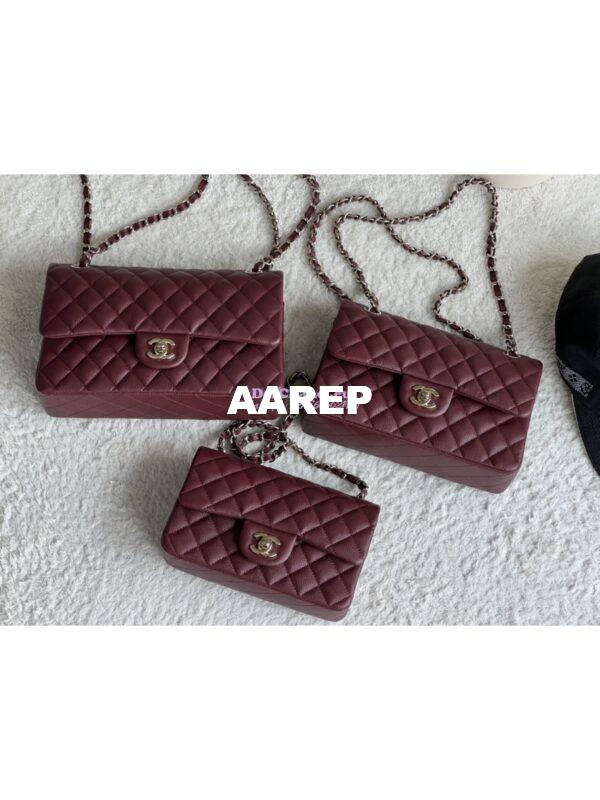 Replica Chanel CF 1112 Classic Flap Bag Qulited Grainy Caviar with Light Gold Hardware in Wine 4