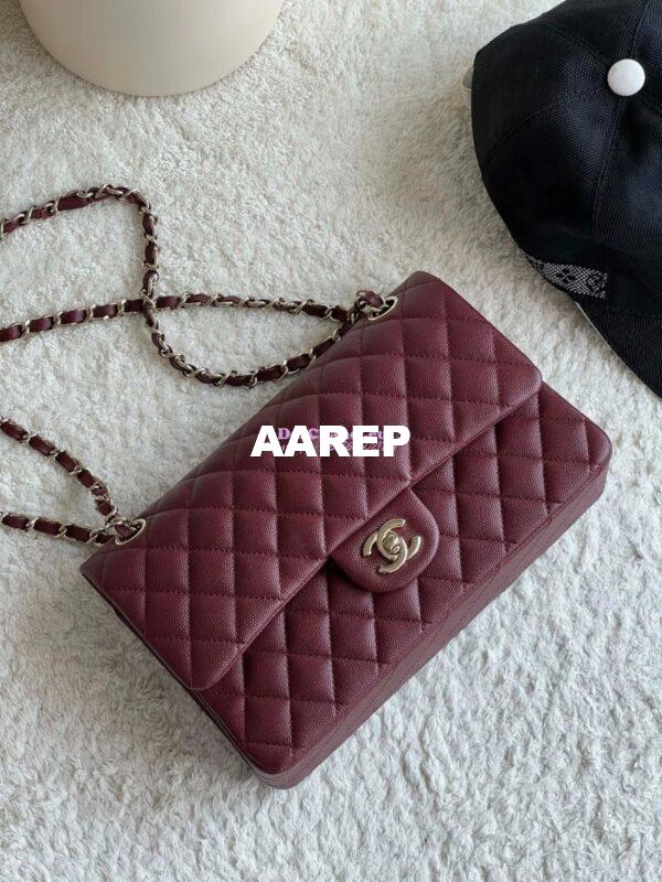 Replica Chanel CF 1112 Classic Flap Bag Qulited Grainy Caviar with Light Gold Hardware in Wine 5