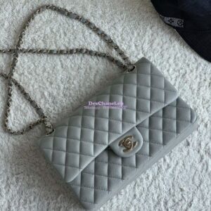 Replica Chanel CF 1112 Classic Flap Bag Qulited Grainy Caviar with Light Gold Hardware in Light Grey