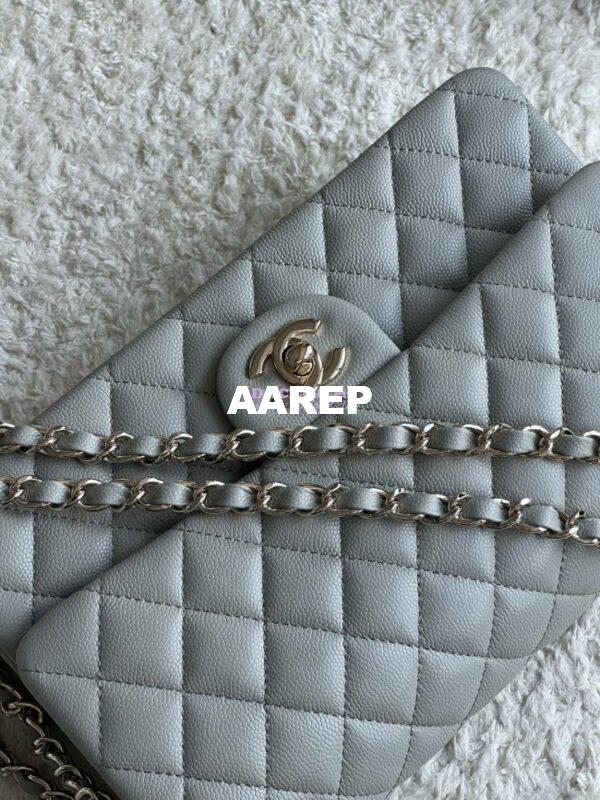 Replica Chanel CF 1112 Classic Flap Bag Qulited Grainy Caviar with Light Gold Hardware in Light Grey 4