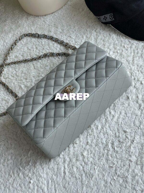 Replica Chanel CF 1112 Classic Flap Bag Qulited Grainy Caviar with Light Gold Hardware in Light Grey 6