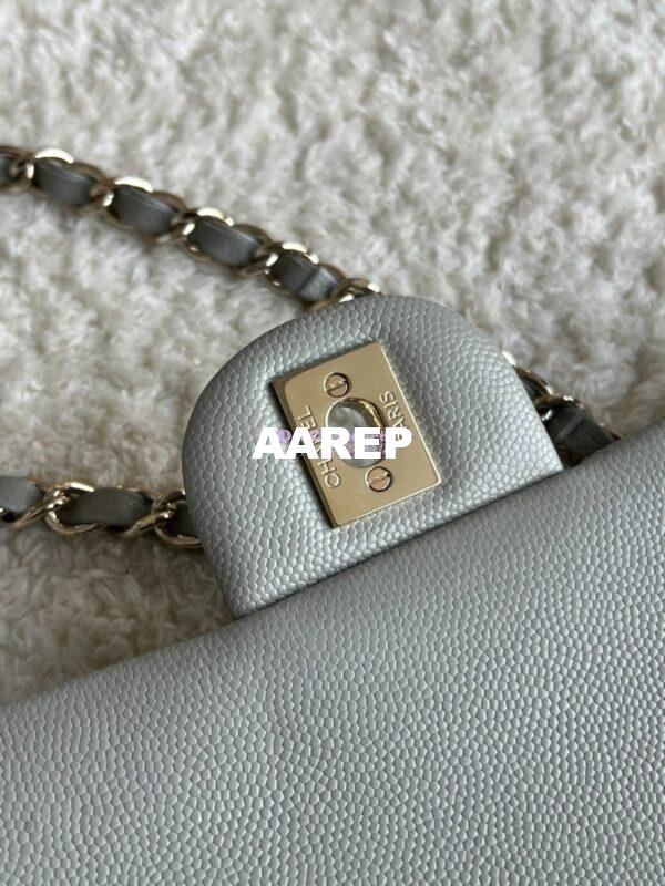 Replica Chanel CF 1112 Classic Flap Bag Qulited Grainy Caviar with Light Gold Hardware in Light Grey 7