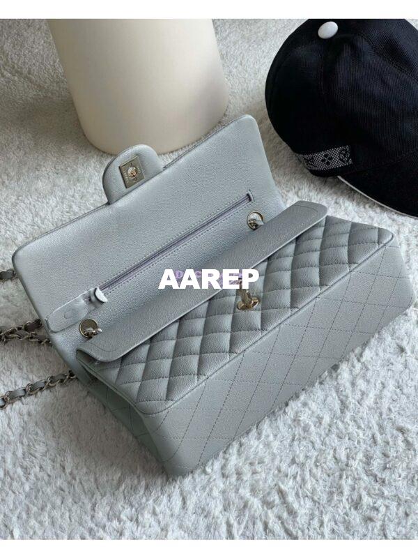 Replica Chanel CF 1112 Classic Flap Bag Qulited Grainy Caviar with Light Gold Hardware in Light Grey 9