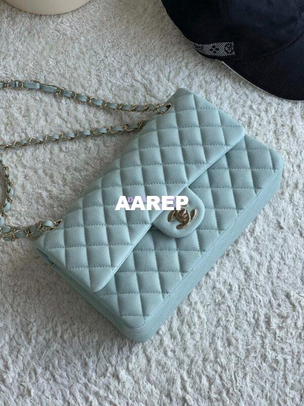 Replica Chanel CF 1112 Classic Flap Bag Qulited Grainy Caviar with Light Gold Hardware in Light Blue 3