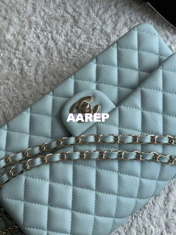 Replica Chanel CF 1112 Classic Flap Bag Qulited Grainy Caviar with Light Gold Hardware in Light Blue 4